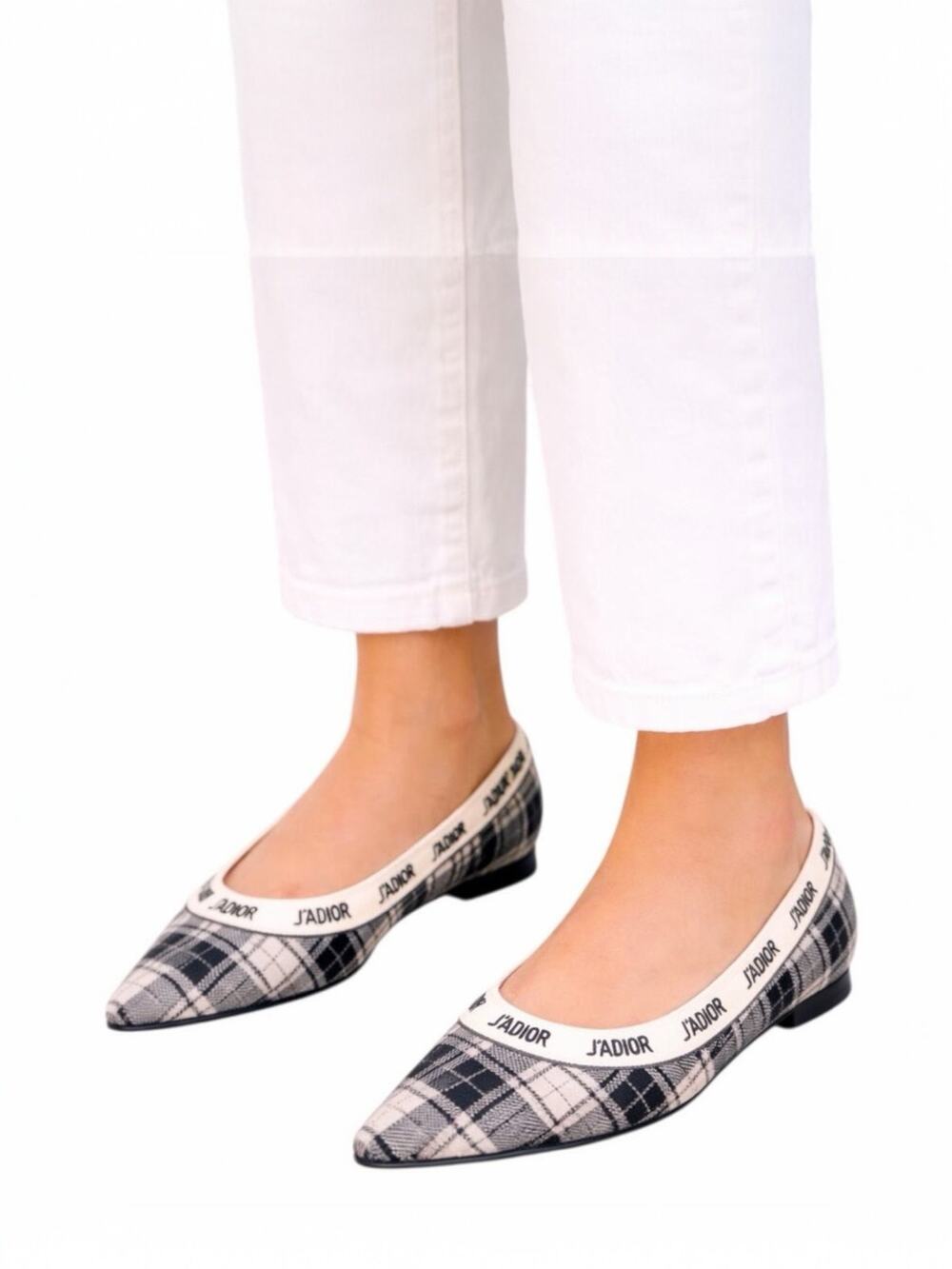 Christian Dior J'adior Embroider Tartan Print Pointed Toe Flats Size 39.5